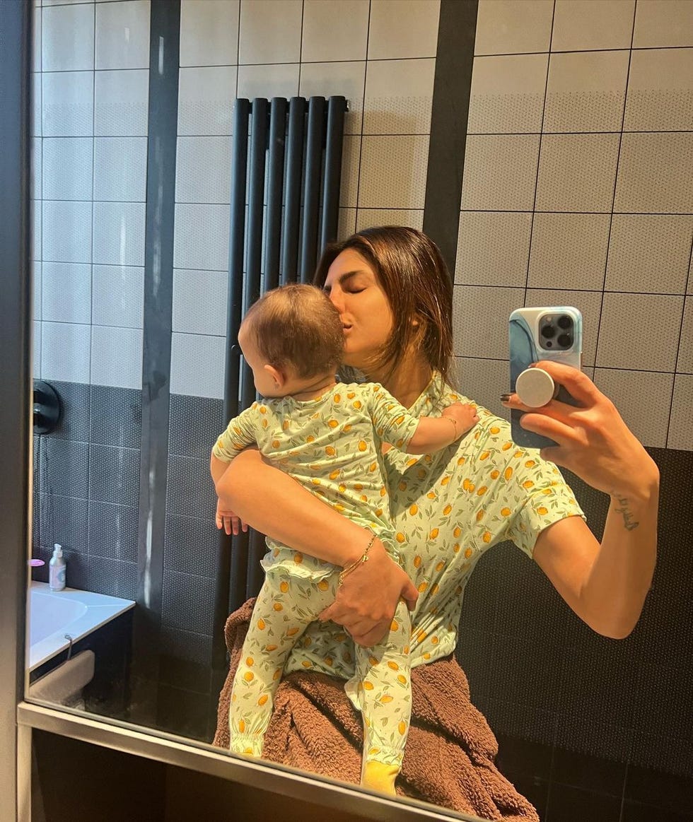 Priyanka Chopra Twins with Malti Marie in Matching Mother-Daughter Floral Print Pajamas