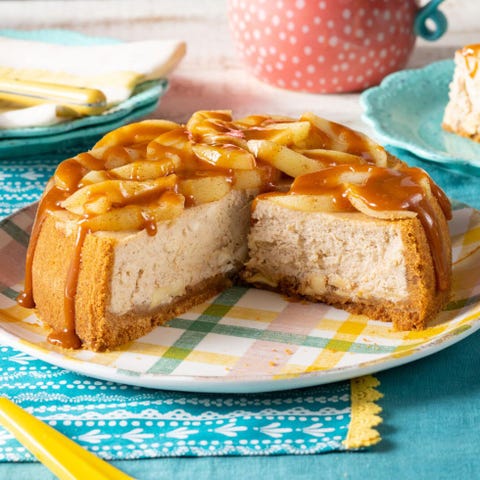 caramel apple cheesecake on plaid plate