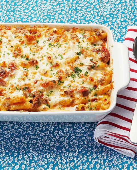 baked ziti blue background with red and white stripes