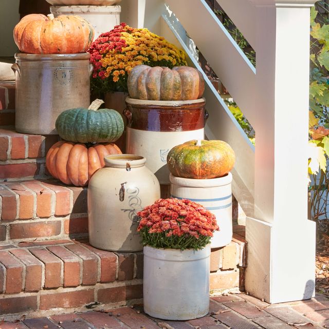 flat pumpkins displayed in vintage crocks and pots of mums decorate brick front steps for halloween