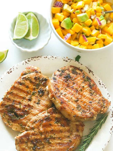 marinated pork chops with rosemary and garlic and mango salsa