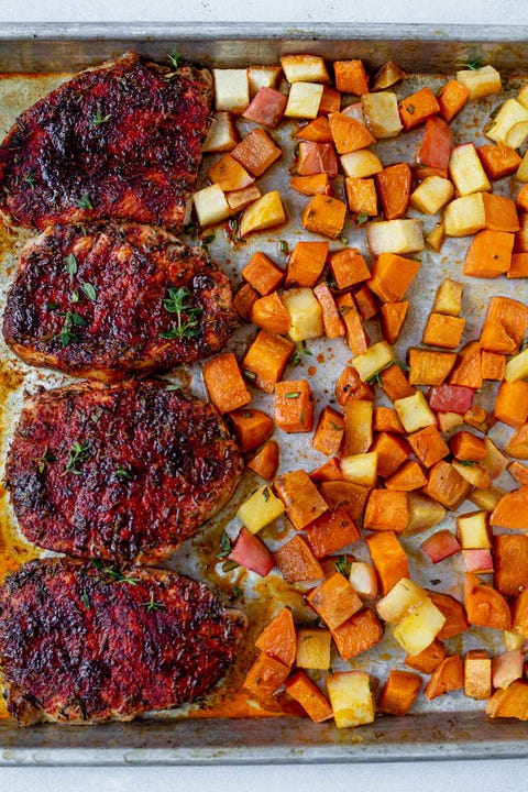 sheet pan pork chops with sweet potatoes and apples