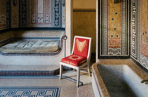 red chair in tiled bathroom maison objet 2022