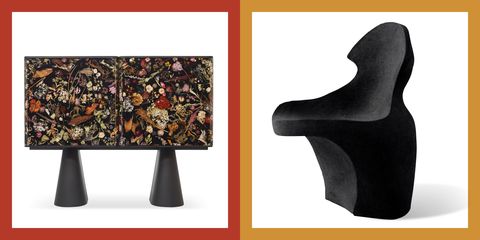 on the left a black cabinet with painterly streaks and cone shaped pedestals and on the right is a black chair shaped like a wavy potato chip