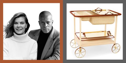 portraits of christine gachot and elliot barnes on the left, bar cart trolley with gold polished trays with leather handles and a rattan base