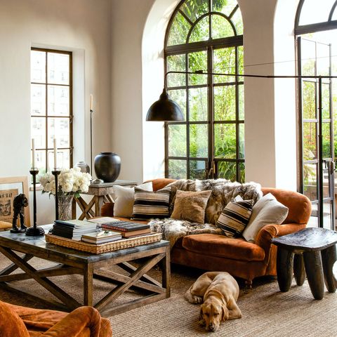 cozy living area with orange sofa and many pillows and throws a rustic marble top table a dog in the foreground and large paned windows opening to a garden area