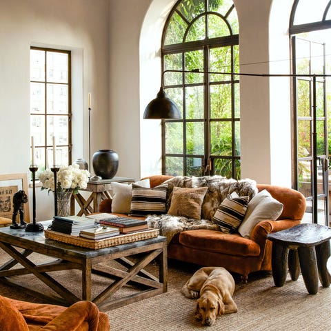 cozy living area with orange sofa and many pillows and throws a rustic marble top table a dog in the foreground and large paned windows opening to a garden area