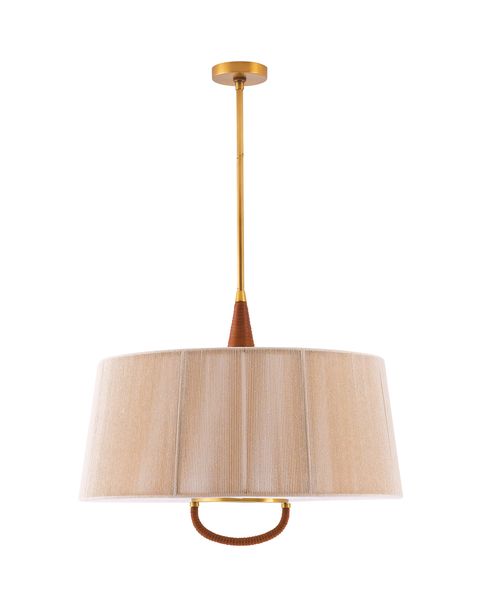 pendant lamp in blush tones with a handle peeking out from beneath