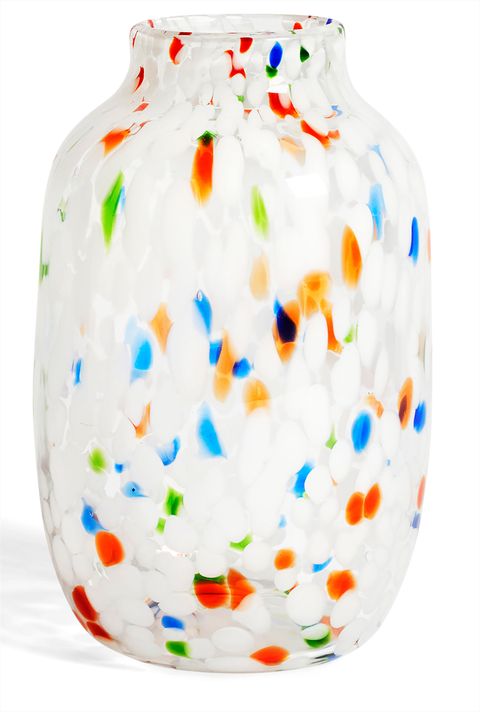 white glass vase with delcate multicolored irregular speckling in blue red green and umber