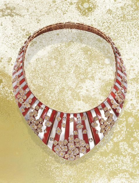 Bulgari Cinemagia High Jewelry pink gold necklace and brooch with coral, mother-of-pearl, fancy yellow diamonds, and white diamonds
