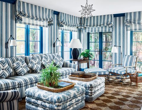 intricate looking living room with blue striped wallpaper and matching shades on tall window and blue striped sofa with poufs in a blue floral pattern serving as a coffee table side chairs are blue striped as well and the rug is light and dark brown diamond shapes