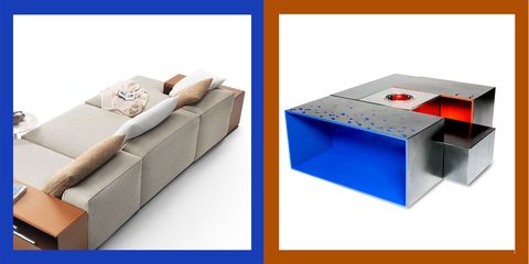 on the left is a section sofa in beige tones and on the right is a block sectional table in silver with blue and red interiors