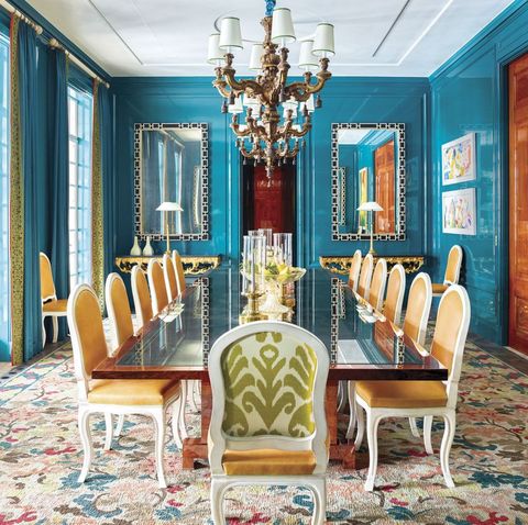 Dining room, Room, Furniture, Interior design, Property, Chair, Table, Yellow, Chandelier, Ceiling, 