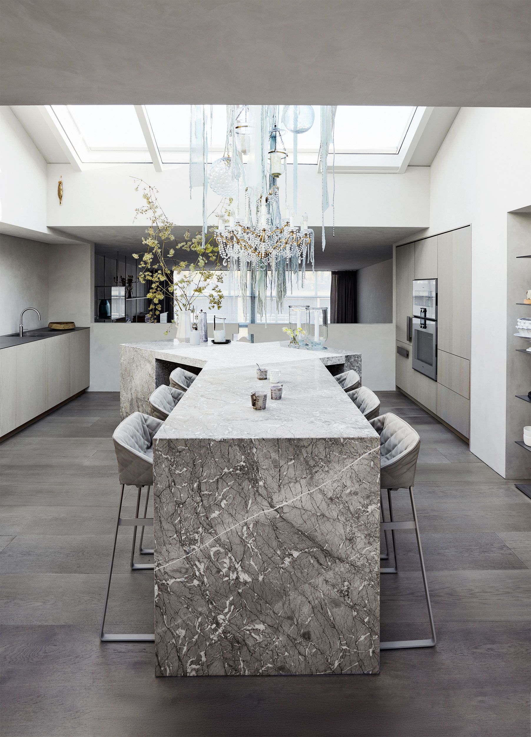 waterfall kitchen island with seating