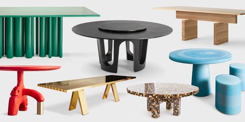a selection of seven dining tables in various colors and shapes and sieze