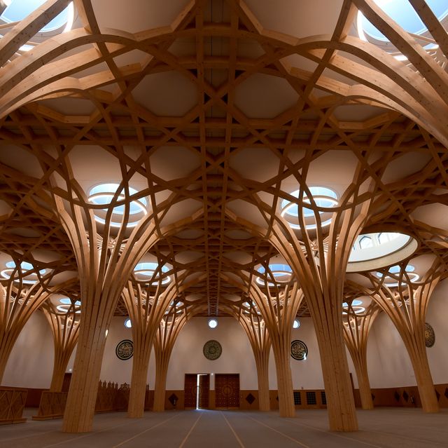 cambridge, england   november 30 an interior view of the new cambridge mosque is seen in cambridge, england on november 30, 2019 in addition to its award winning architecture, which adheres to islamic traditions, the mosque attracts attention with its environmentally friendly systems that store rainwater and the building provides some of its electricity from solar energy the mosque, which uses natural materials such as wood and marble, also attracts attention with having zero carbon footprint
 photo by kate greenanadolu agencygetty images