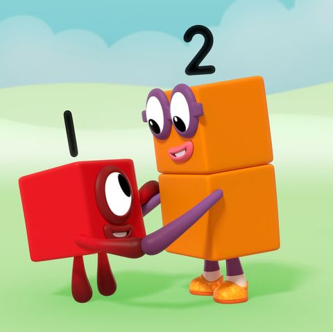 a red block and two orange blocks are holding hands in a field
