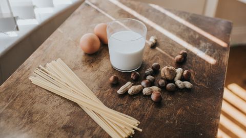 eggs, pasta, nuts and milk