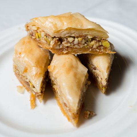 eid alfitr food  closeup of baklava, a dessert made with filo pastry and chopped nuts and sugar syrup