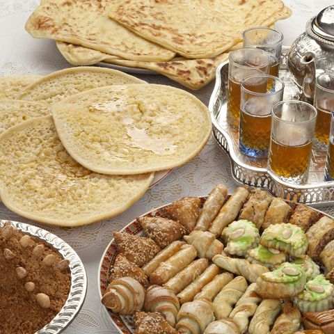 traditional moroccan tea, cookies, almond sellou and pancakes at eid al fitr the end of ramadan