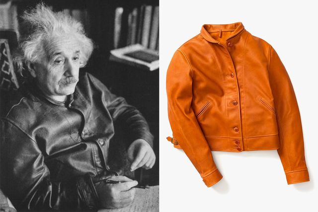 collage of albert einstein wearing a jacket next to an orange leather jacket