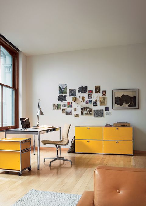 Furniture, Room, Interior design, Yellow, Property, Shelf, Table, Building, Living room, Floor, 