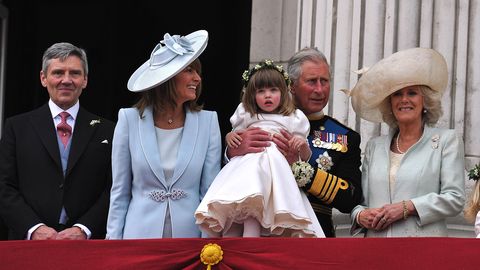 Left Right Bridesmaids Eliza Lopez and the Duchess of Cornwall on the balcony of Buckingham Palace in London after the wedding of Michael Middleton, Carole Middleton, Prince Charles and Prince William and Kate Middleton at Westminster Abbey Embraced Photo courtesy John Stilwelpa