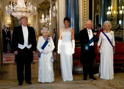 Milania Trump in White Dior Dress at the Gala Dinner in Honor of the President of the United States at Buckingham Palace