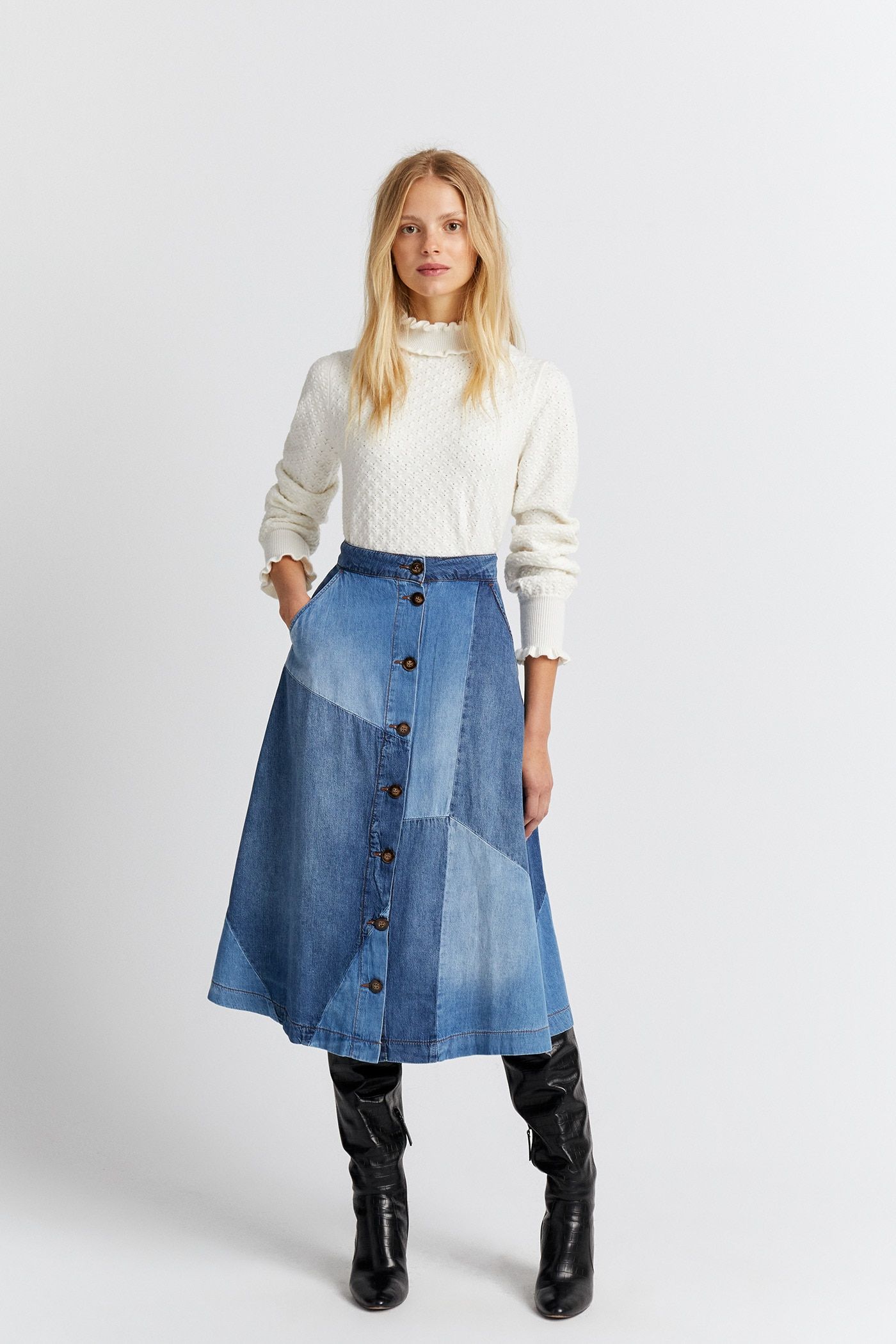 La falda midi vaquera de patchwork en Sfera que eleva tus looks La falda midi vaquera de patchwork en Sfera que eleva tus looks