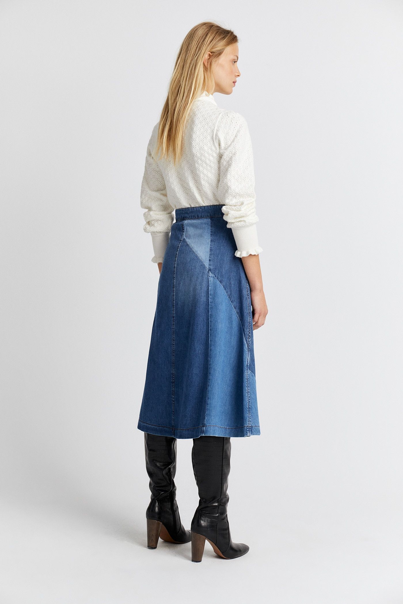 La falda midi vaquera de patchwork en Sfera que eleva tus looks La falda midi vaquera de patchwork en Sfera que eleva tus looks