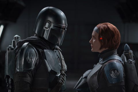 the mandalorian pedro pascal and bo katan kryze katee sackoff in lucasfilm's the mandalorian, season two, exclusively on disney © 2020 lucasfilm ltd  ™ all rights reserved