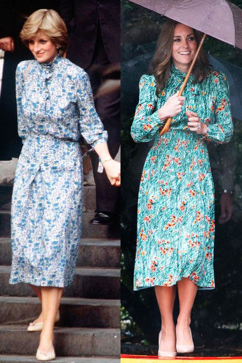 Princess Diana in blue floral dress in 1981; Kate Middleton in green floral dress in 2017