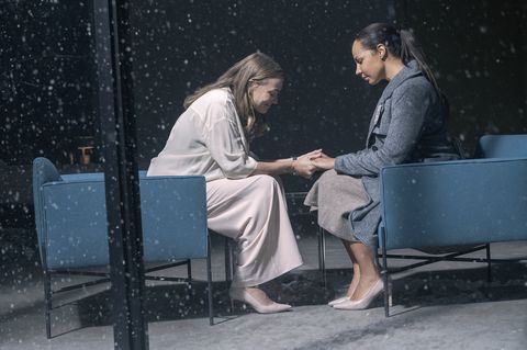 the handmaid’s tale    “milk”   episode 404    june takes a harrowing journey with janine, trying to escape gilead, as janine remembers a stressful experience in her past in toronto, serena tries to manipulate rita, who seeks advice from moira serena waterford yvonne strahovski and rita amanda brugel, shown photo by sophie giraudhulu