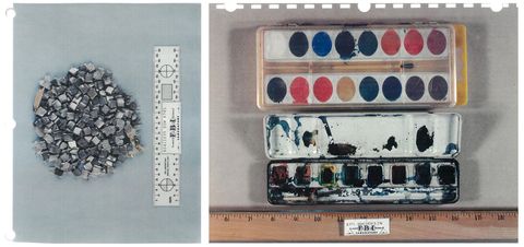 evidence photos of watercolor paints and shrapnel