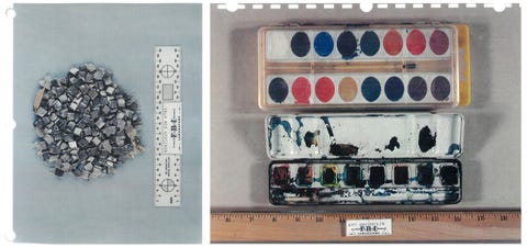 evidence photos of watercolor paints and shrapnel