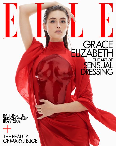 model grace elizabeth poses on the cover of her in a red dress