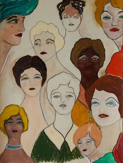 an illustration shows several faces of women one appearing to be in pain