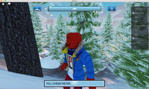 a red animated figure wearing a blue parka