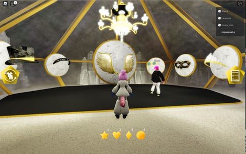 The Fashion Awards event in the metaverse an animated pink squirrel wearing a white suit standing in virtual space