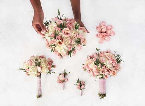 Pink, Bouquet, Cut flowers, Flower, Plant, Peach, Artificial flower, Hand, Floral design, Floristry, 