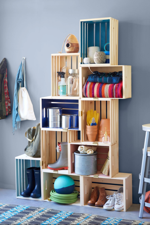 mudroom wood crate organizer and shelves