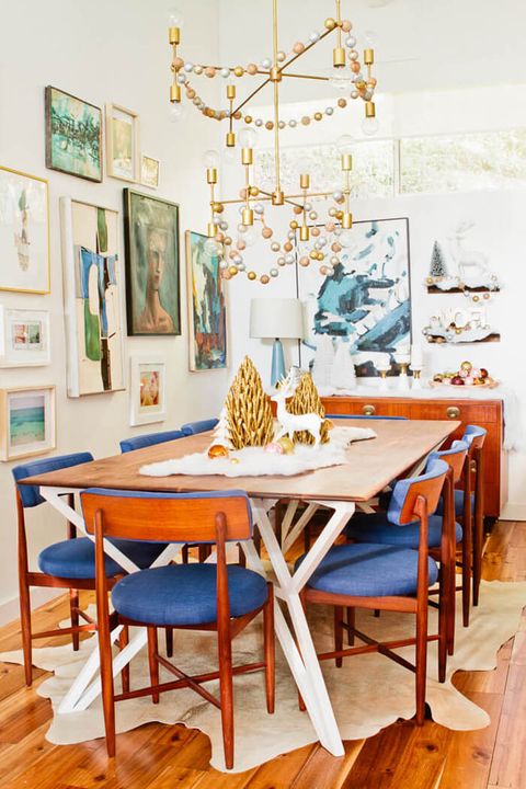 Dining room, Room, Furniture, Table, Interior design, Turquoise, Chandelier, Ceiling, Lighting, Kitchen & dining room table, 