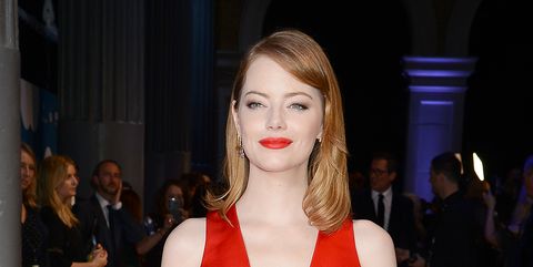 Emma Stone Wore a Festive Red Louis Vuitton Dress to British ...