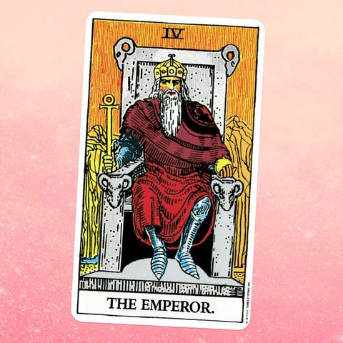 the Emperor tarot card, showing a person with a long white beard, wearing a red robe and a golden crown, seated on a throne