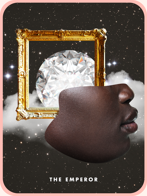 the Emperor tarot card, showing half of a person's face in the sky with a diamond and a picture frame behind them