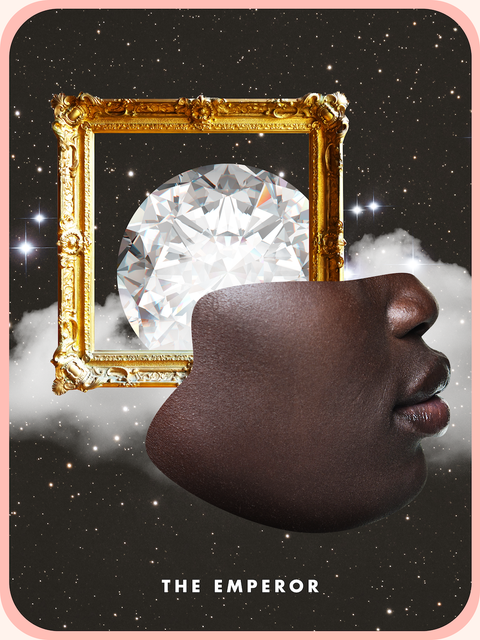 Emperor - Tarot Card The tarot card is the emperor, with a person's face half in the sky, behind which are diamonds and a picture frame.