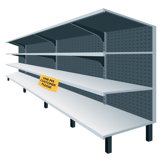 illustration of empty shelves with a yellow sign that says one per customer
