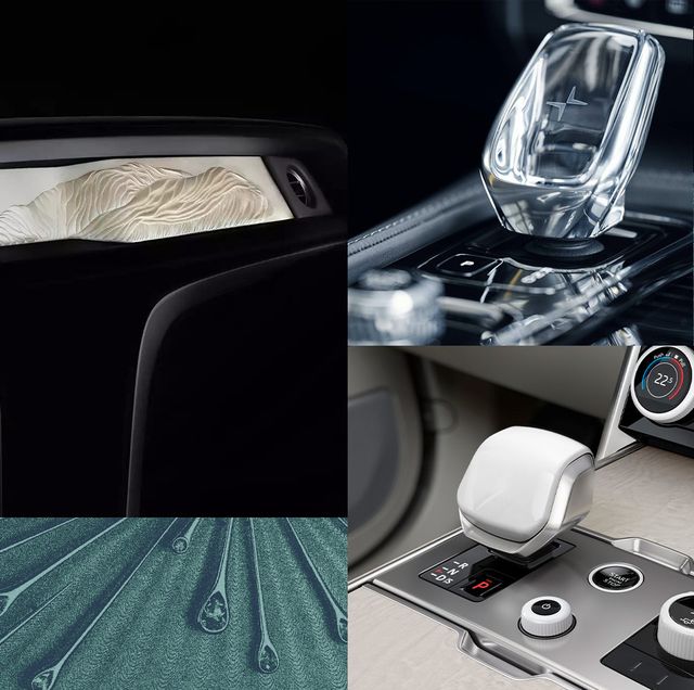 polestar 1 crystal gear shifter by orrefors, mercedes benz eqs mbux hyperscreen, range rover sv white ceramic roundel and trim, and rolls royce phantom gallery