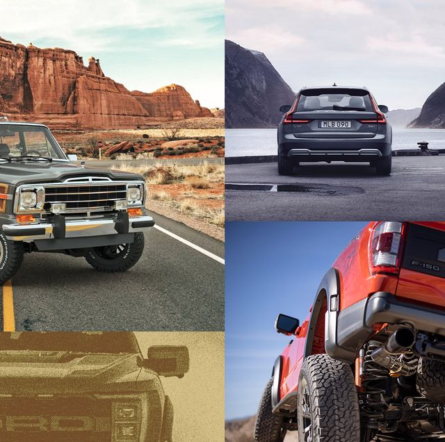 jeep wagoneer sj, ford f 150 raptor, and volvo v90 cross country