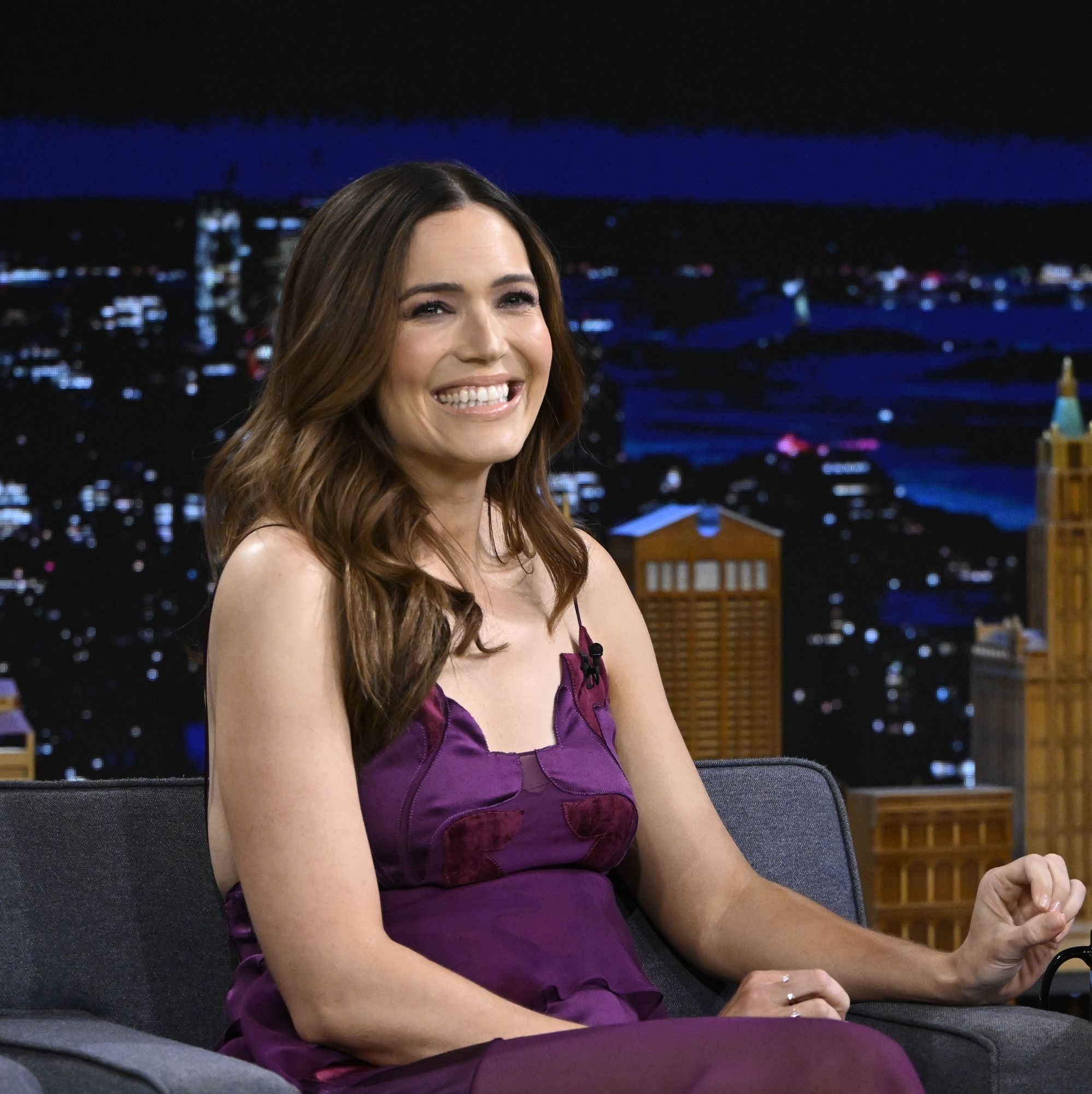 Mandy Moore Shut Down 'The Tonight Show' in a Stunning Sheer Purple Dress